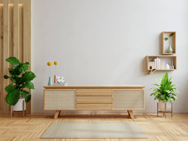 istock Modern interior with cabinet for tv on white color wall background. 1369262165