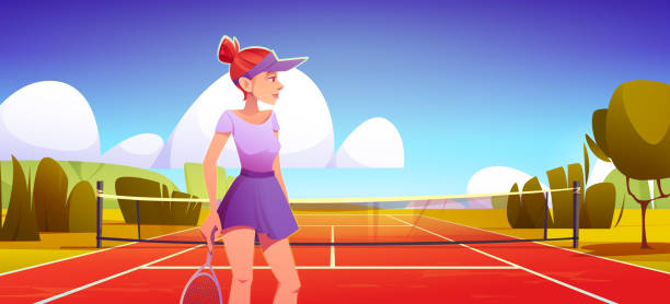 ilustrações de stock, clip art, desenhos animados e ícones de young woman tennis player wear uniform with racket - tennis equipment