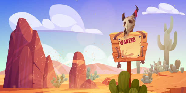 Wanted sign, banner in wild west desert landscape Wanted sign or banner in wild west desert landscape with rocks and cacti. Announcement on parchment hang on wooden board with animal skull, Western billboard for criminal search, Cartoon vector set cartoon of a searching stock illustrations