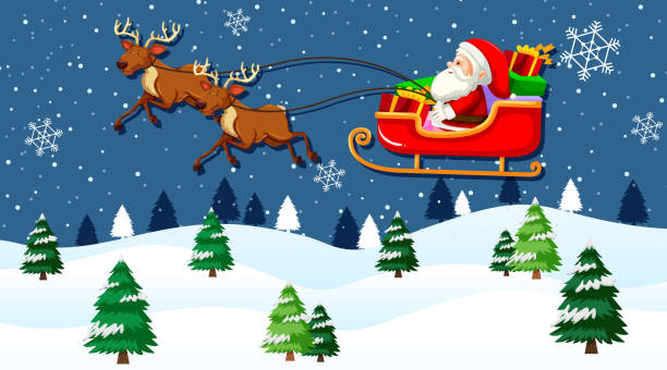 istock Santa Claus on sleigh with reindeer flying in the sky at night 1369263811