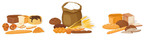 ilustrações de stock, clip art, desenhos animados e ícones de bakery products on a white background - brown bread illustrations