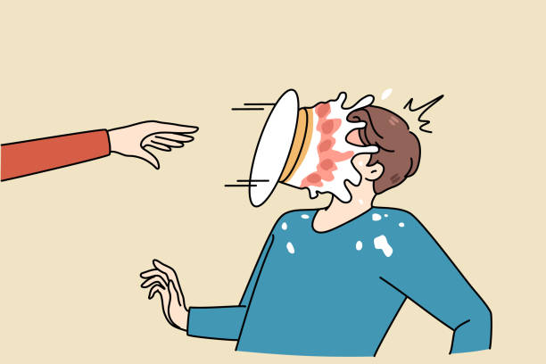 Person throw pie in man face Person throw pie in man face make fun of friend or colleague. Greeting or congratulation with happy birthday prank or joke. Laughter and smile concept. Flat vector illustration. fool stock illustrations