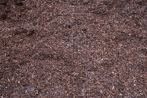 Pile of wood mulch for sale in Germany. Background. Outdoor.