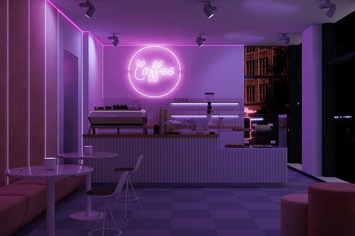Empty Coffee Shop Interior With Coffee Maker, Pastries And Desserts At Night With Neon Lights