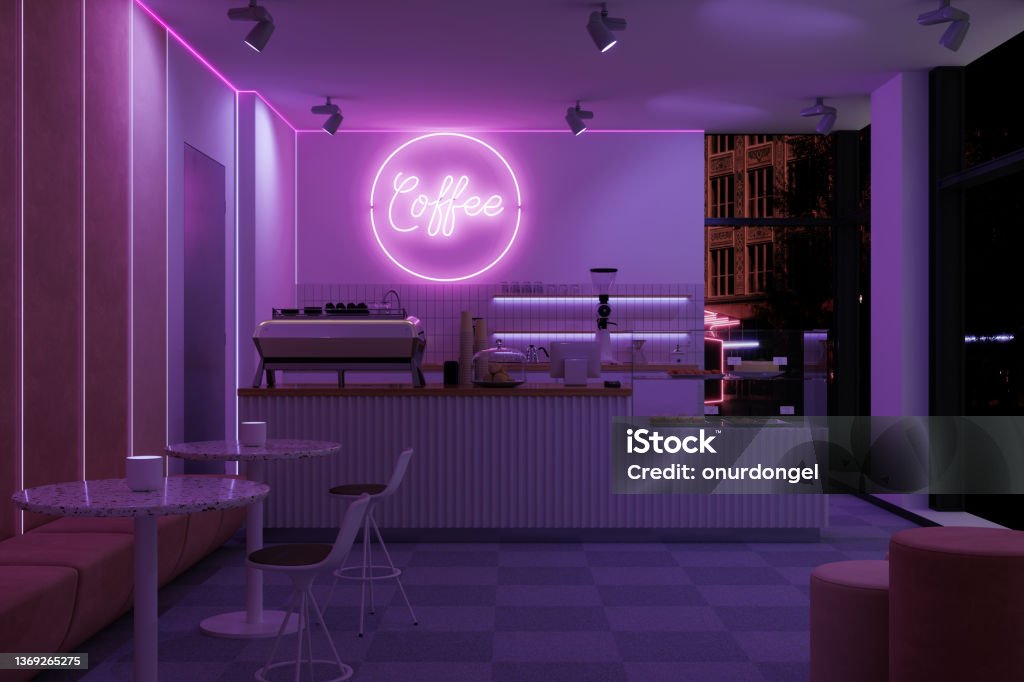 Empty Coffee Shop Interior With Coffee Maker, Pastries And Desserts At Night With Neon Lights Purple Stock Photo