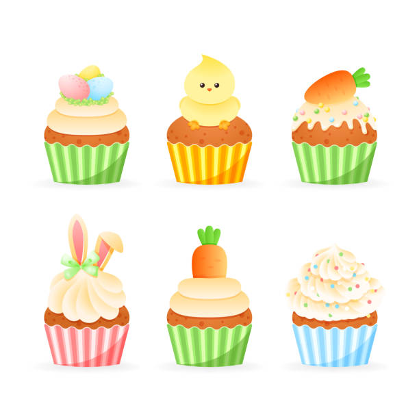 Set of cute Easter cupcake icons Cartoon illustrations of sweet muffins decorated with glaze, birds, bunny ears, eggs, marzipan carrots and colorful sprinkles. Vector 10 EPS. easter cake stock illustrations