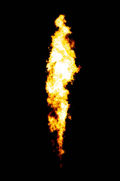 flame pillar, isolated fire jet goes from flamethrower - flamethrower imagens e fotografias de stock