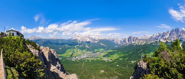 The town of Cortina d’Ampezzo with back the Tofane, at left the Rifugio Faloria and at right the Pomagagnon and the Cristallo, all mountain groups of the Dolomites (6 shots stitched)