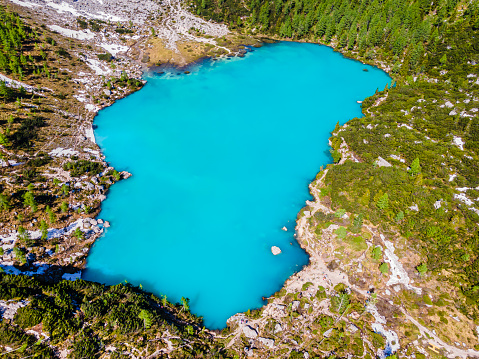 Lago di Sorapiss, famous for its strong turquoise color, is a lake in the Dolomites located at an altitude of 1,925 metres (6,316 ft.) above sea level