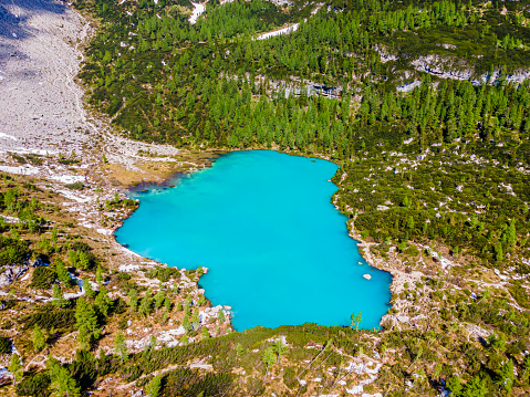 Lago di Sorapiss, famous for its strong turquoise color, is a lake in the Dolomites located at an altitude of 1,925 metres (6,316 ft.) above sea level
