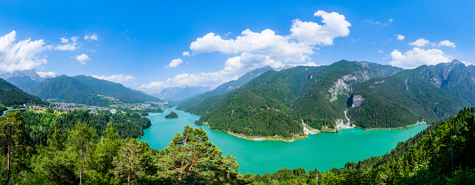High angle view of the Lago di Cadore, an artificial lake located in the region of Cadore in the Eastern Dolomites (6 shots stitched)