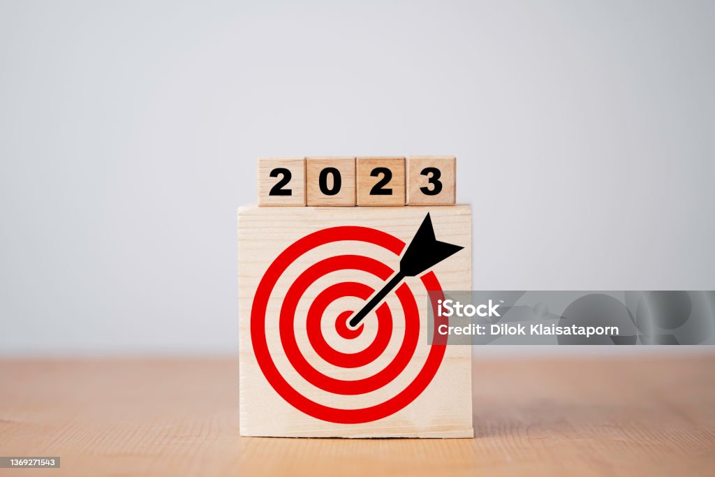2023 year with target which print screen on wooden cube block for setup business target concept. 2023 Stock Photo