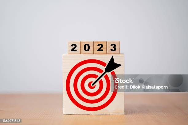 2023 Year With Target Which Print Screen On Wooden Cube Block For Setup Business Target Concept Stock Photo - Download Image Now