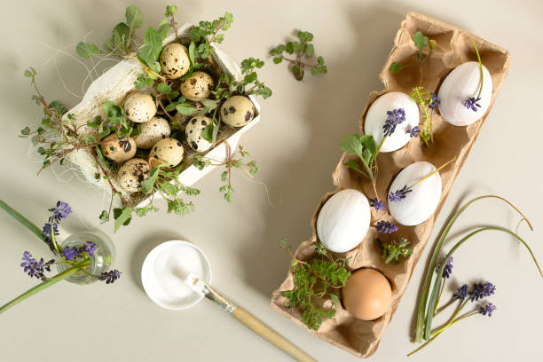 istock Easter eggs aesthetics of still life. Festive Easter composition in neutral tones. 1369272014