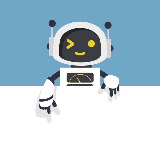 Cute white Ai robot with empty blank white board Cute white Ai robot with empty blank white board vector robot stock illustrations
