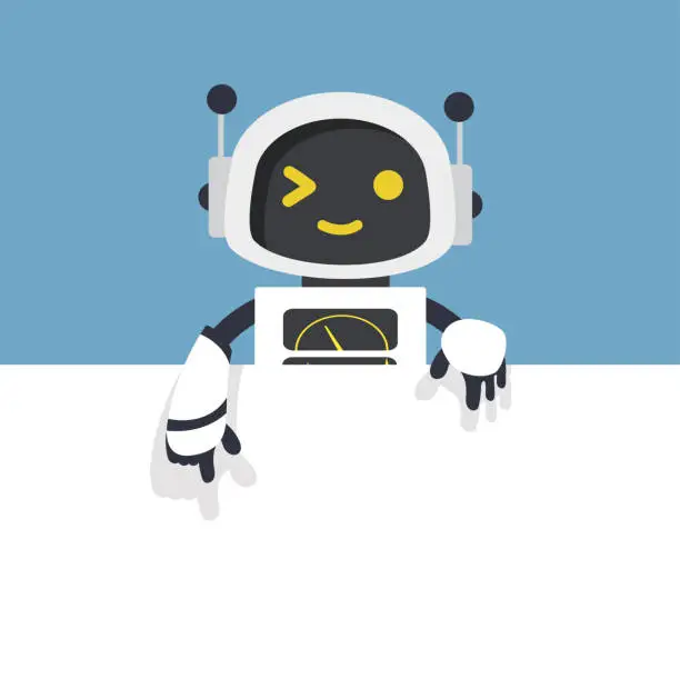 Vector illustration of Cute white Ai robot with empty blank white board