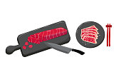 istock Tuna fish fillet steak with cutting board, knife, plate, chopsticks. 1369273035