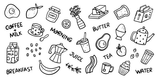 Morning breakfast related doodles such as avocado, toast, egg, coffee, milk, water, honey, butter. Hand drawn outline vector illustration. Morning breakfast related doodles such as avocado, toast, egg, coffee, milk, water, honey, butter. Hand drawn outline vector illustration. food cake tea sketch stock illustrations