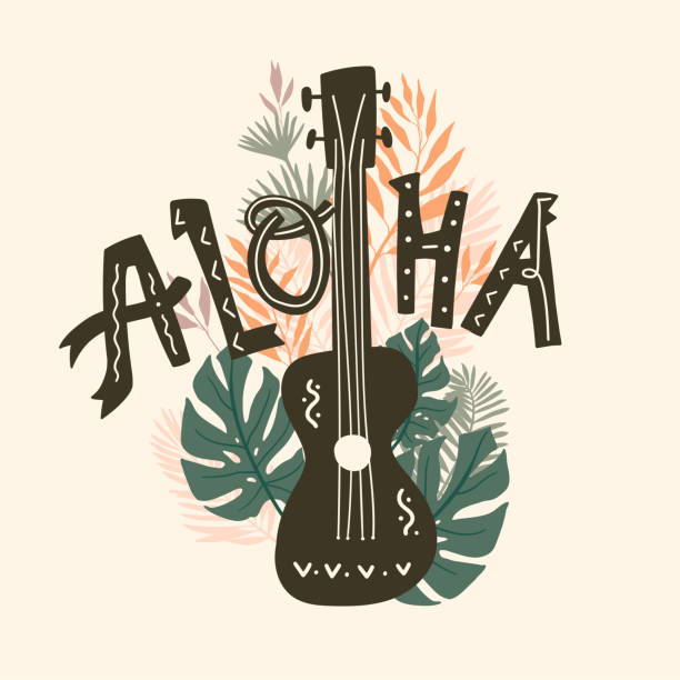 aloha. schönes poster mit ukulele, tropischen palmblättern und kunstvollem handlettering. - uke stock-grafiken, -clipart, -cartoons und -symbole