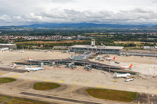 Mulhouse, France - September 20, 2021: Aerial photo of the EuroAirport Airport (EAP) in France.