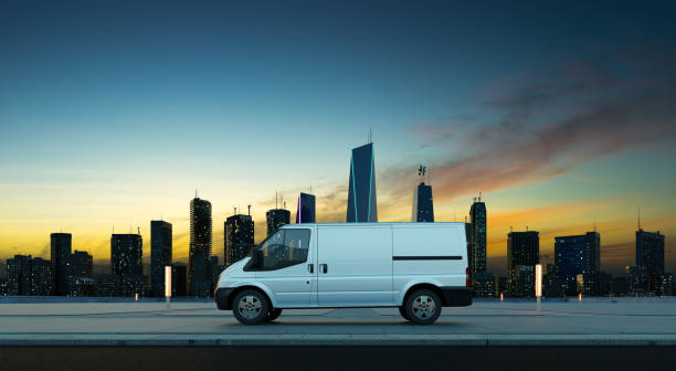 istock Delivery van park on a city roadside at sunrise 1369278973