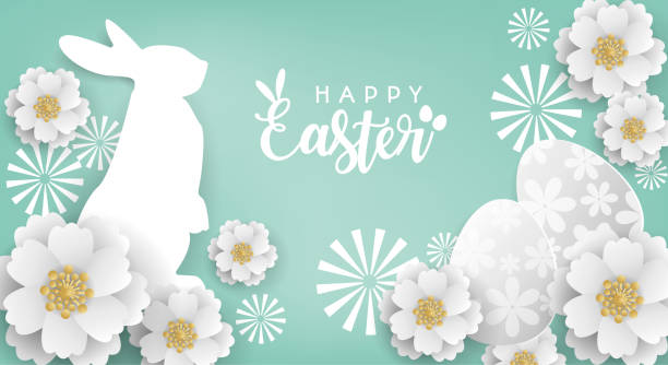 ilustrações de stock, clip art, desenhos animados e ícones de cute festive horizontal banner of bunny, easter eggs and flowers on green background with happy easter text. holiday childish template for greeting, promotion and shopping template. - easter egg pastel colored text easter