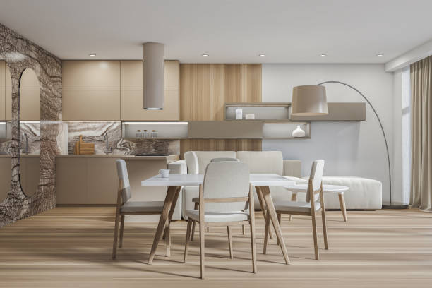 istock Modern white and beige kitchen living room combo 1369280478