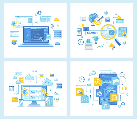 Set of flat vector illustrations for Web Development Programming Coding. Web search technology, Search engine, SEO. Cloud storage, Computing. Mobile App Development. Concept for websites.