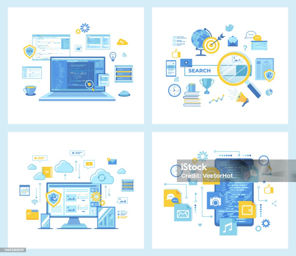 website development set. html coding process stock... Set Of Flat Vector Illustrations For Web Development Programming Coding ...