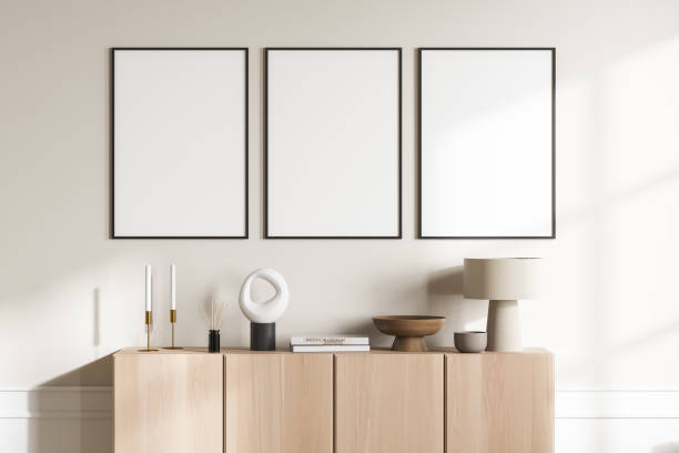 istock Light exhibition room interior with drawer and decoration, mockup posters 1369280908