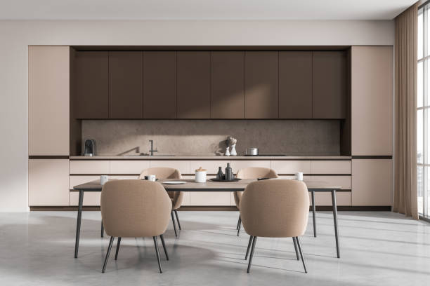 istock Bright kitchen room interior with four armchair and table 1369281876