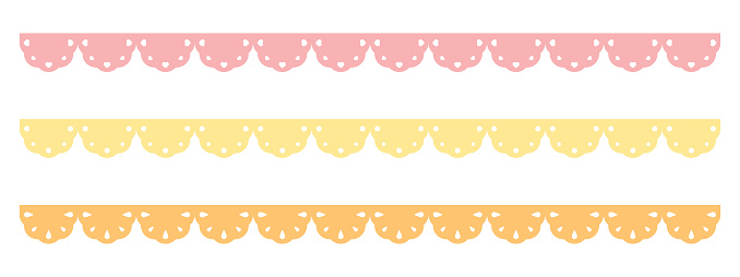 Cute scalloped edge, with dots, heart shape and drop shape decoration, seamless upper border set. Vector illustration.