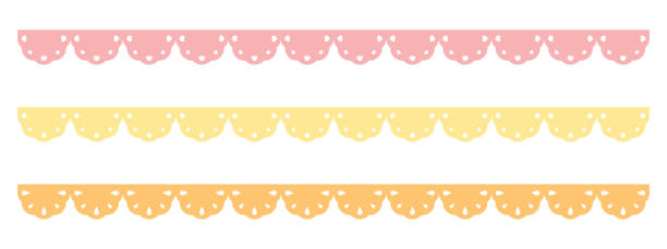 Cute scalloped edge, with dots, heart shape and drop shape decoration, seamless upper border set. Cute scalloped edge, with dots, heart shape and drop shape decoration, seamless upper border set. Vector illustration. scalloped illustration technique stock illustrations