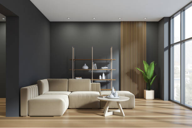 istock Dark living room interior with sofa, panoramic window, arch 1369282884