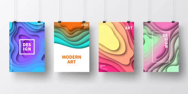 Vector illustration of Posters with colorful paper cut designs, isolated on white background