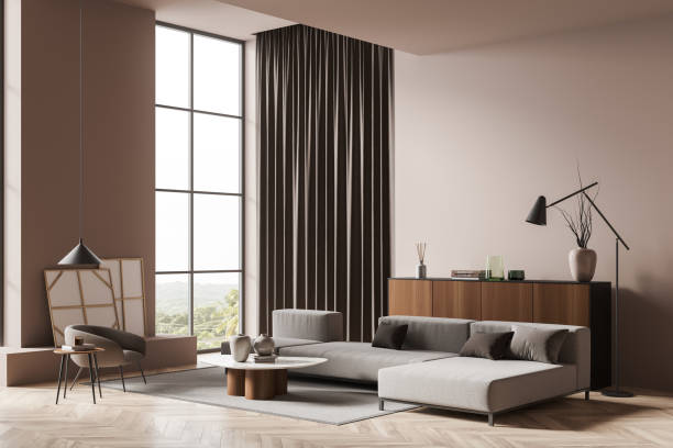 istock Bright living room interior with panoramic window with countryside view 1369285269