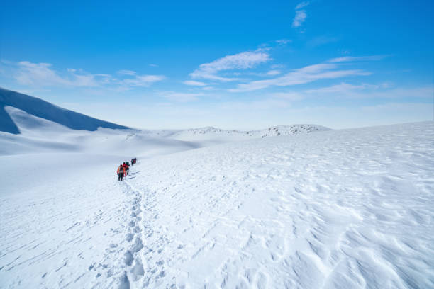 산악 등반 팀은 겨울에 높은 고도의 산봉우리에서 연속으로 걷고 있습니다. - turkey extreme terrain snow nature 뉴스 사진 이미지