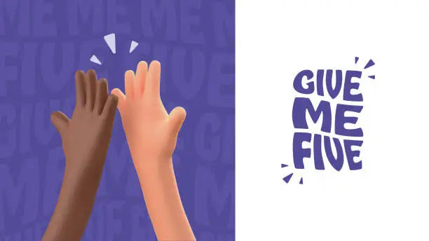 Vector illustration of High five 3d cartoon hands vector illustration. Multiethnic friendship. Teamwork business success