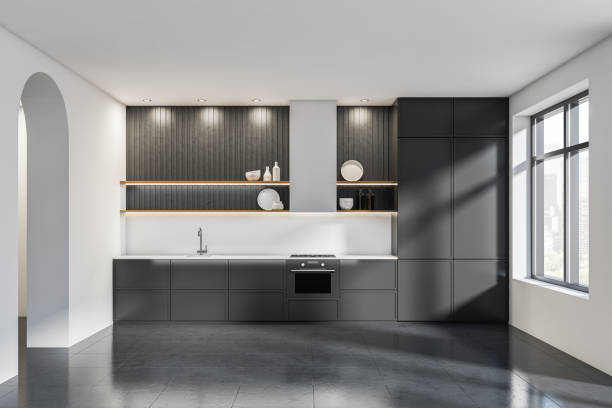 istock Dark kitchen set interior with shelves and appliances, tiled floor 1369285866