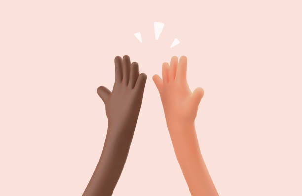 high five 3d cartoon hands vector illustration. multiethnic friendship. peace no war multi ethnic hands relationship - üç boyutlu illüstrasyonlar stock illustrations