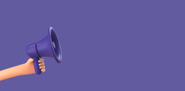 istock 3d cartoon vector hand holding megaphone social media marketing banner template. Promotion advertising purple 3d loudspeaker on purple background. 1369285921