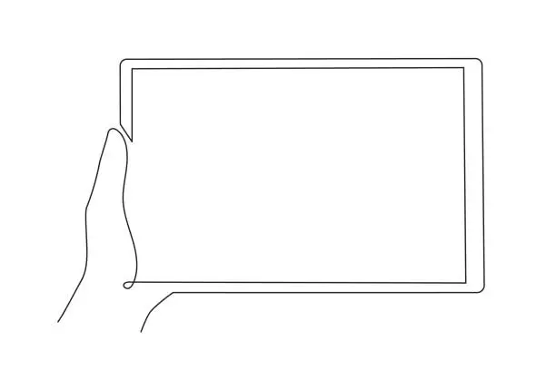 Vector illustration of Hand holding tablet, one line art, hand drawn continuous contour.Template, mock-up of empty touch screen. Space for your image or text. Editable stroke, minimalist design.