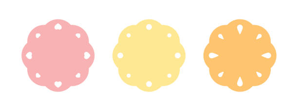 Cute scalloped round label set with dots, heart shape and drop shape decoration. Cute scalloped round label set with dots, heart shape and drop shape decoration. Flat vector illustration. scallop stock illustrations