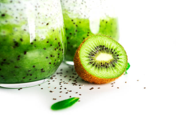 Chia pudding with kiwi and granola isolated on white background. Chia pudding, mint and kiwi. High quality photo