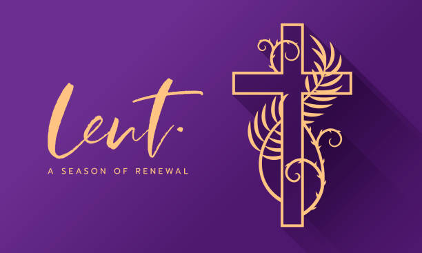 lent a season of renewal text and gold cross crucifix sign with spiny vine and plam leaves around on purple background vector design lent a season of renewal text and gold cross crucifix sign with spiny vine and plam leaves around on purple background vector design lent stock illustrations