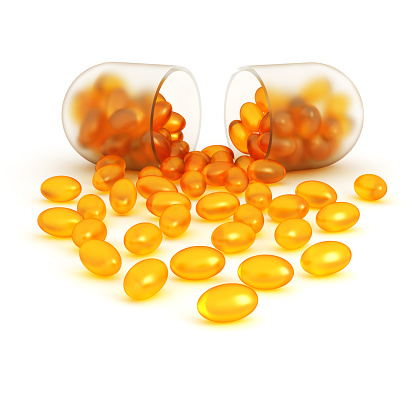 Omega 3 capsules with Fish Oil on white background.