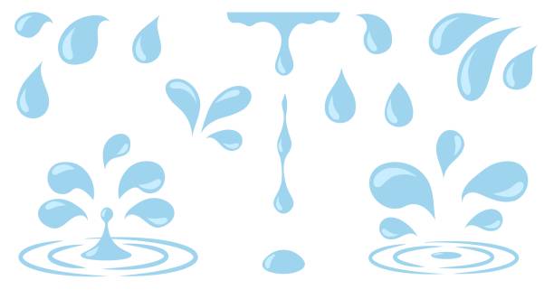 물이 떨어집니다. 만화 빗방울. 벡터 블루 플랫 떨어지는 비. 간단한 물방울 - raindrop drop water symbol stock illustrations