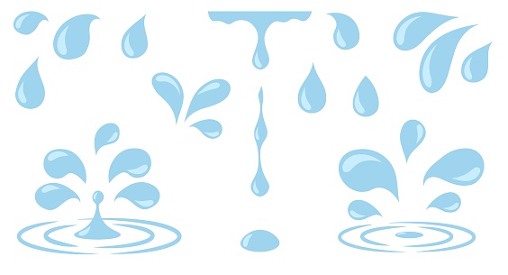 Water drops. Cartoon raindrops. Vector blue flat falling rain. Simple droplets.