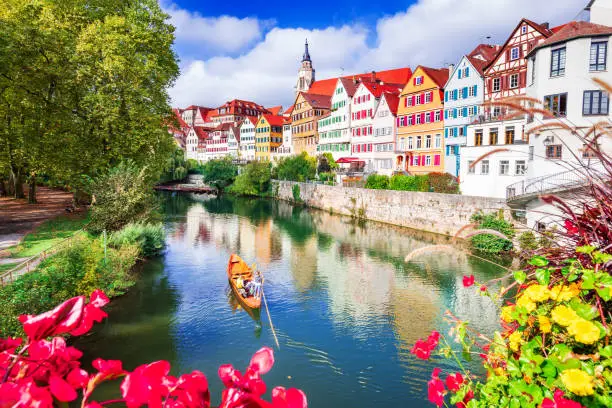 Tubingen, Germany. Traditional german town decorated by flowers, Baden-Wurttemberg land.