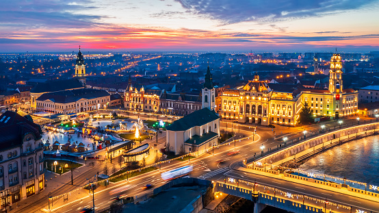 Oradea, Crisana. Aerial view of Christmas Market in Union Square, travel sightseeing of Romania, Eastern Europe.